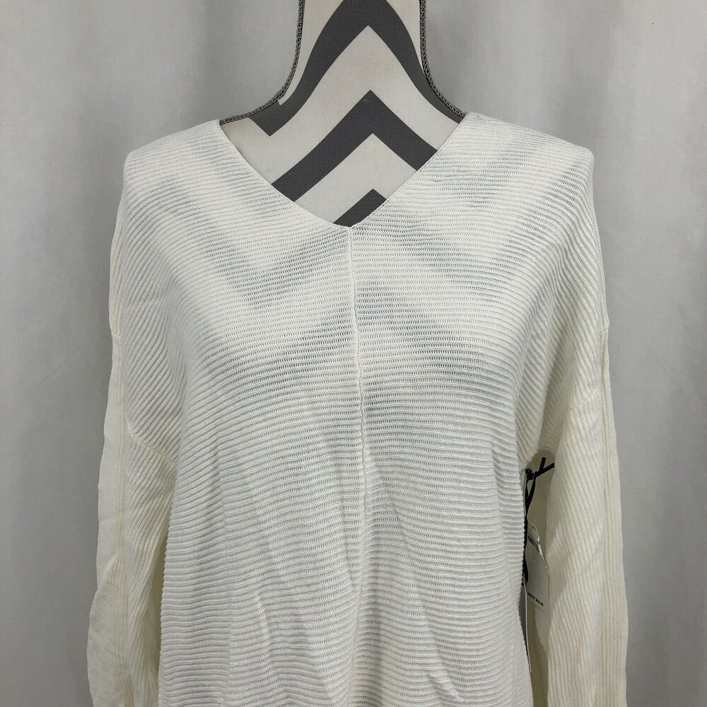 1. State Ribbed Sweater V-Neck Balloon Sleeve White Drop Shoulder Medium NWT
